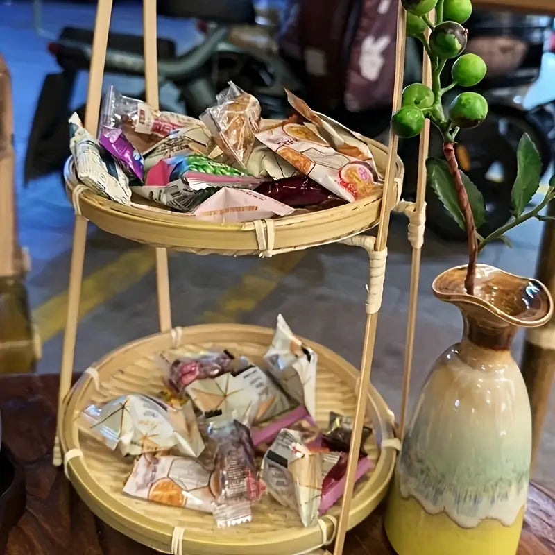 Bamboo woven small basket round square tea fruit cake dried fruit snack dessert multi-layer bamboo storage basket