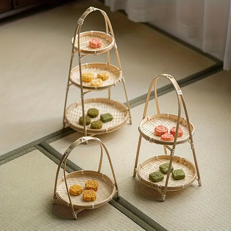 Bamboo woven small basket round square tea fruit cake dried fruit snack dessert multi-layer bamboo storage basket
