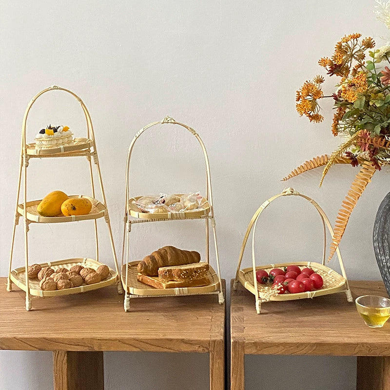 Bamboo woven small basket round square tea fruit cake dried fruit snack dessert multi-layer bamboo storage basket