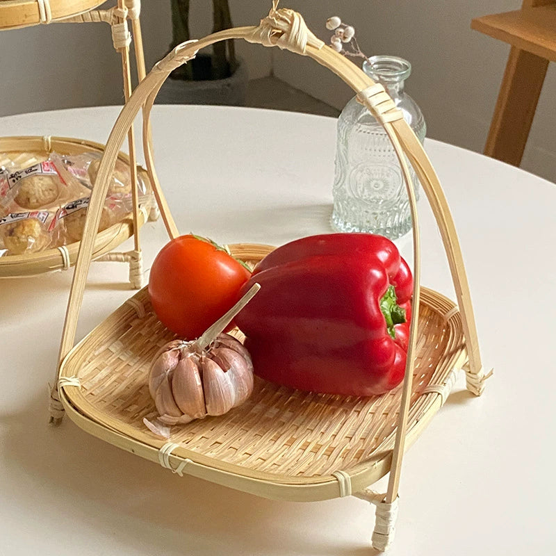 Bamboo woven small basket round square tea fruit cake dried fruit snack dessert multi-layer bamboo storage basket