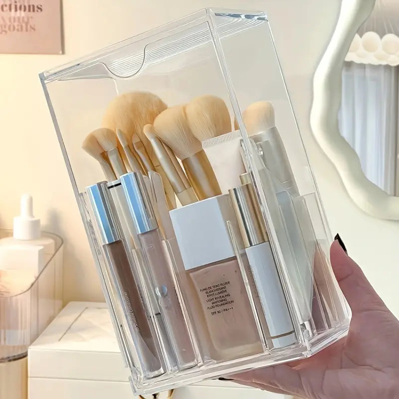 Clear Acrylic Makeup Brush Holder - Transparent Cosmetic Organizer with Multiple Compartments for Brushes, Lipsticks, Makeup Brushes