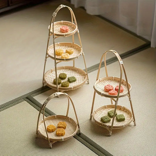 Bamboo woven small basket round square tea fruit cake dried fruit snack dessert multi-layer bamboo storage basket