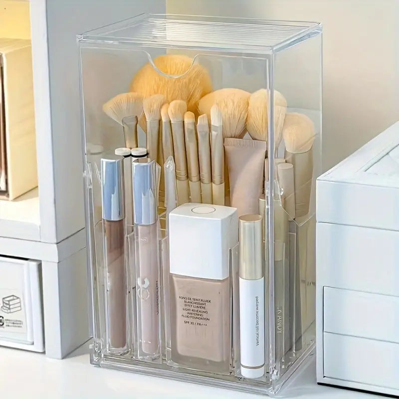 Clear Acrylic Makeup Brush Holder - Transparent Cosmetic Organizer with Multiple Compartments for Brushes, Lipsticks, Makeup Brushes