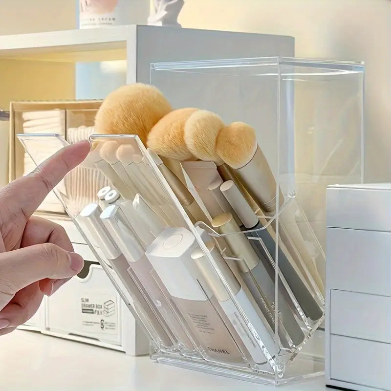 Clear Acrylic Makeup Brush Holder - Transparent Cosmetic Organizer with Multiple Compartments for Brushes, Lipsticks, Makeup Brushes