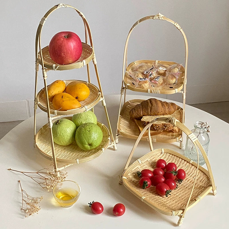 Bamboo woven small basket round square tea fruit cake dried fruit snack dessert multi-layer bamboo storage basket