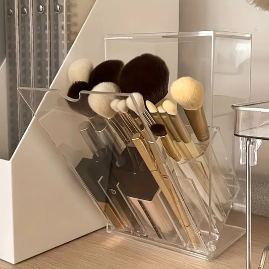 Clear Acrylic Makeup Brush Holder - Transparent Cosmetic Organizer with Multiple Compartments for Brushes, Lipsticks, Makeup Brushes